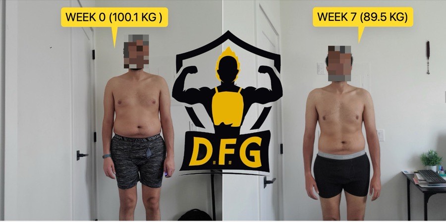 Client transformation, week 0 at 100.1kg to week 7 at 89.5kg
