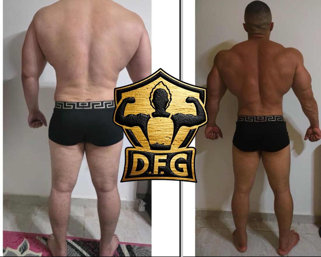 Client back view transformation, fat loss to lean