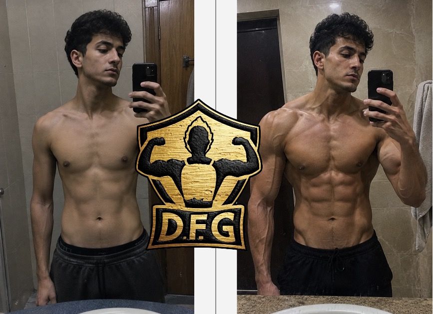 Client transformation, skinny to muscular bathroom mirror
